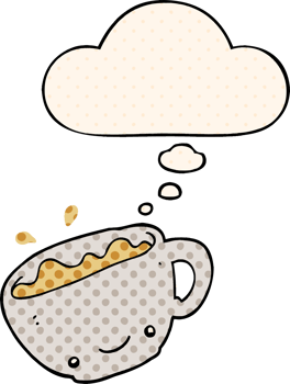 cartoon cup of coffee and thought bubble in comic book style png