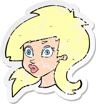 retro distressed sticker of a cartoon pretty surprised woman png