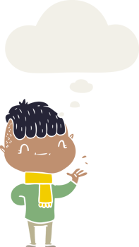 cartoon friendly boy and thought bubble in retro style png