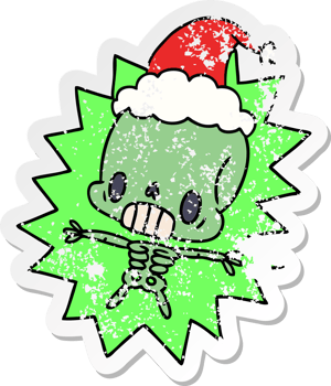 christmas distressed sticker cartoon of kawaii skeleton png