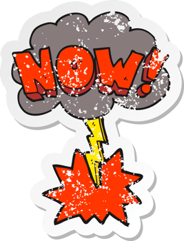 retro distressed sticker of a cartoon now symbol with thundercloud png