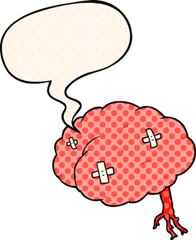 cartoon injured brain with speech bubble in comic book style png