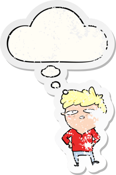 cartoon impatient man with thought bubble as a distressed worn sticker png