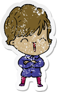 distressed sticker of a cartoon laughing woman png
