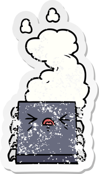 distressed sticker of a cartoon overheating computer chip png