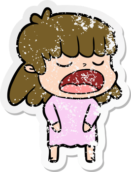 distressed sticker of a cartoon woman talking loudly png