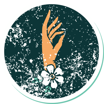 iconic distressed sticker tattoo style image of a hand and flower png