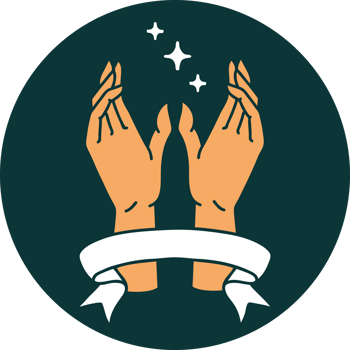 tattoo style icon with banner of mystic hands png