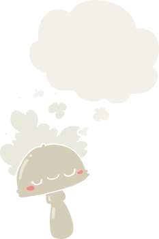 cartoon mushroom with spoor cloud with thought bubble in retro style png