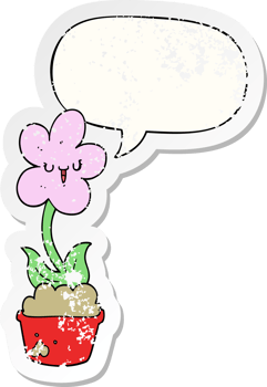 cute cartoon flower with speech bubble distressed distressed old sticker png