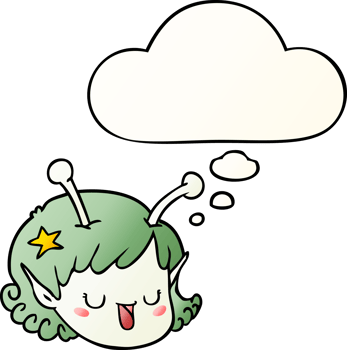 cartoon alien space girl face with thought bubble in smooth gradient style png