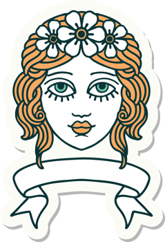 tattoo style sticker with banner of female face with crown of flowers png
