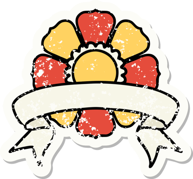 worn old sticker with banner of a flower png