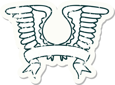 worn old sticker with banner of a wing png