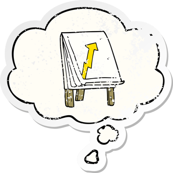 cartoon business chart with arrow with thought bubble as a distressed worn sticker png