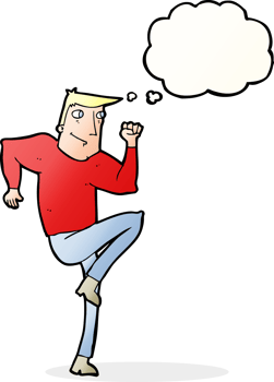 cartoon man jogging on spot with thought bubble png