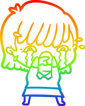 rainbow gradient line drawing of a cartoon girl crying png