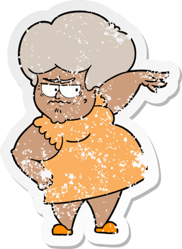 distressed sticker of a cartoon angry old woman png