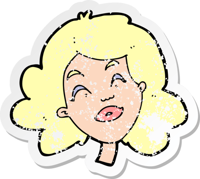 retro distressed sticker of a cartoon happy female face png