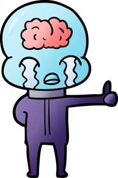 cartoon big brain alien crying but giving thumbs up symbol png