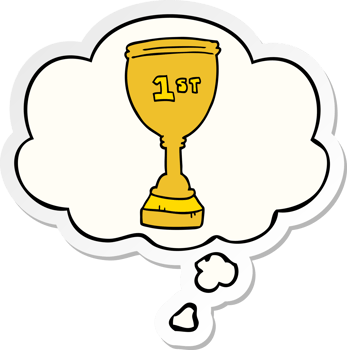 cartoon sports trophy with thought bubble as a printed sticker png