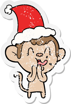 crazy hand drawn distressed sticker cartoon of a monkey wearing santa hat png