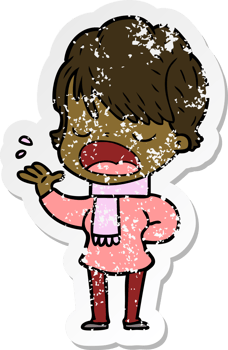 distressed sticker of a cartoon woman talking png