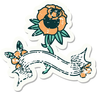 worn old sticker with banner of a rose png