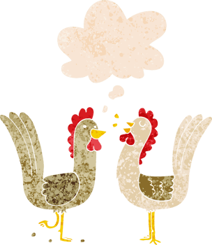cartoon chickens with thought bubble in grunge distressed retro textured style png
