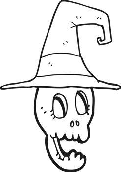 drawn black and white cartoon skull wearing witch hat png