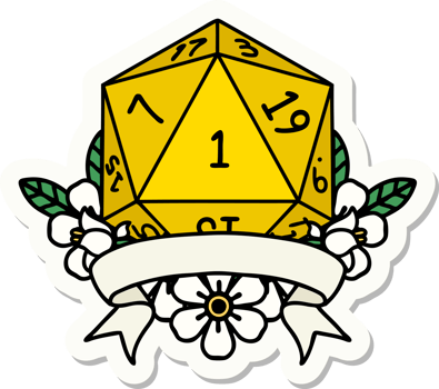 sticker of a natural one d20 dice roll png