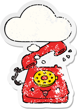cute cartoon telephone with thought bubble as a distressed worn sticker png