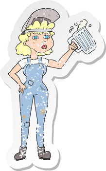 retro distressed sticker of a cartoon hard working woman with beer png