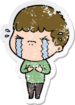 distressed sticker of a cartoon man crying png