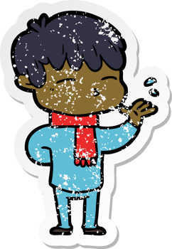 distressed sticker of a cartoon curious boy png