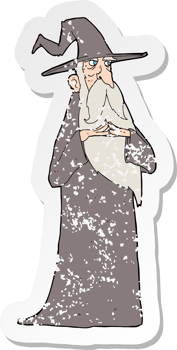 retro distressed sticker of a cartoon old wizard png