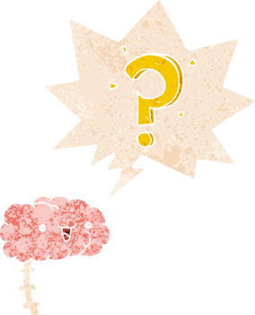 cartoon curious brain with speech bubble in grunge distressed retro textured style png