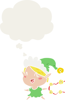 cartoon happy christmas elf with thought bubble in retro style png