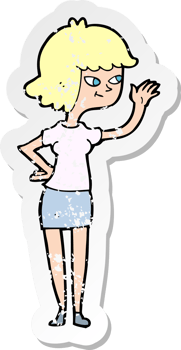 retro distressed sticker of a cartoon friendly girl waving png