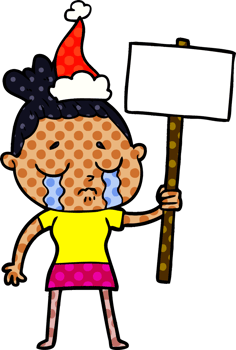 hand drawn comic book style illustration of a crying woman with protest sign wearing santa hat png