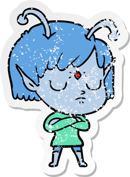 distressed sticker of a cartoon alien girl png