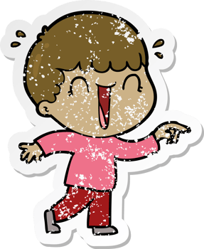 distressed sticker of a laughing cartoon man pointing png