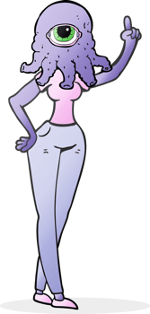 drawn cartoon female alien with raised hand png