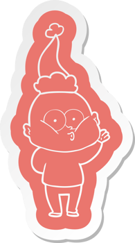 quirky cartoon  sticker of a bald man staring wearing santa hat png