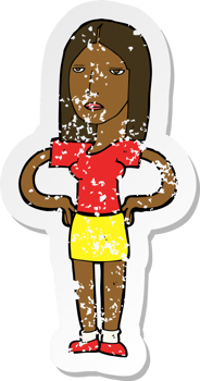 retro distressed sticker of a cartoon woman with hands on hips png