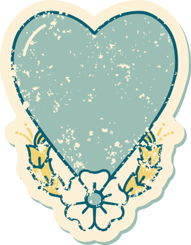 iconic distressed sticker tattoo style image of a heart and flower png