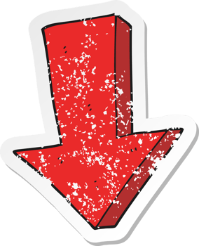 retro distressed sticker of a cartoon arrow pointing down png