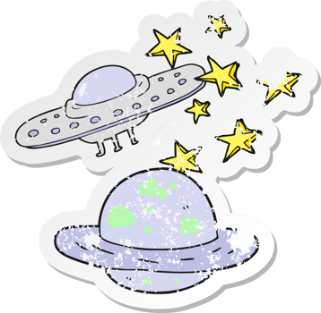 retro distressed sticker of a cartoon flying saucer and planet png