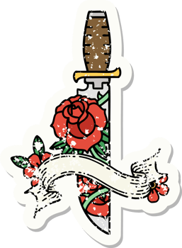 worn old sticker with banner of a dagger and flowers png