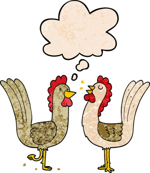 cartoon chickens with thought bubble in grunge texture style png